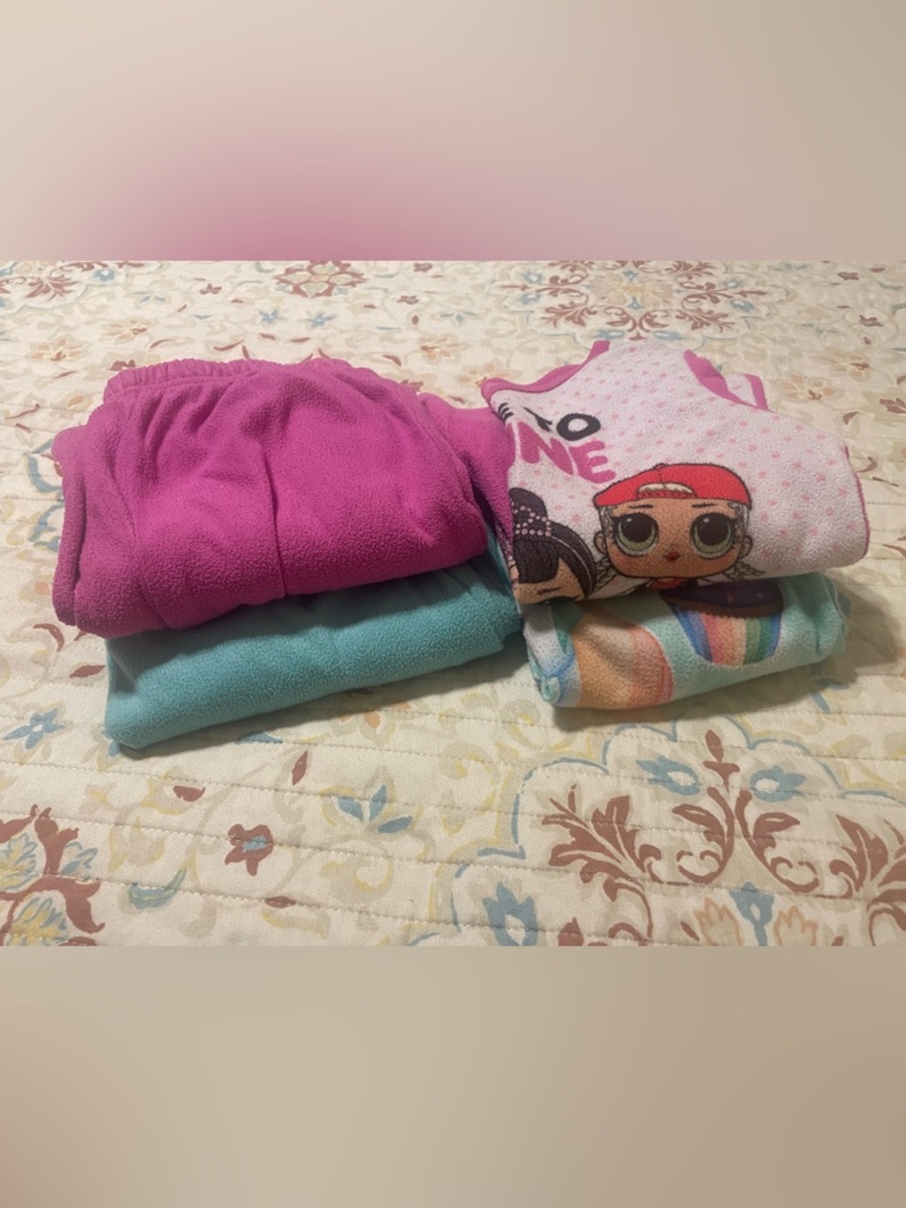 2 sets of Girls' size 7/8 Fleece Pajamas with Character Prints, Emoji and LOL